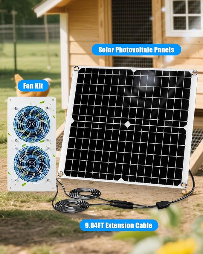 30W Dual Solar Fan Kit for Outside Greenhouse Shed Chicken Coop, IPX7 Waterproof Solar Panel Fan kit with 9.8 FT Power Cord, PV Powerd Cooling Fan for Pet House