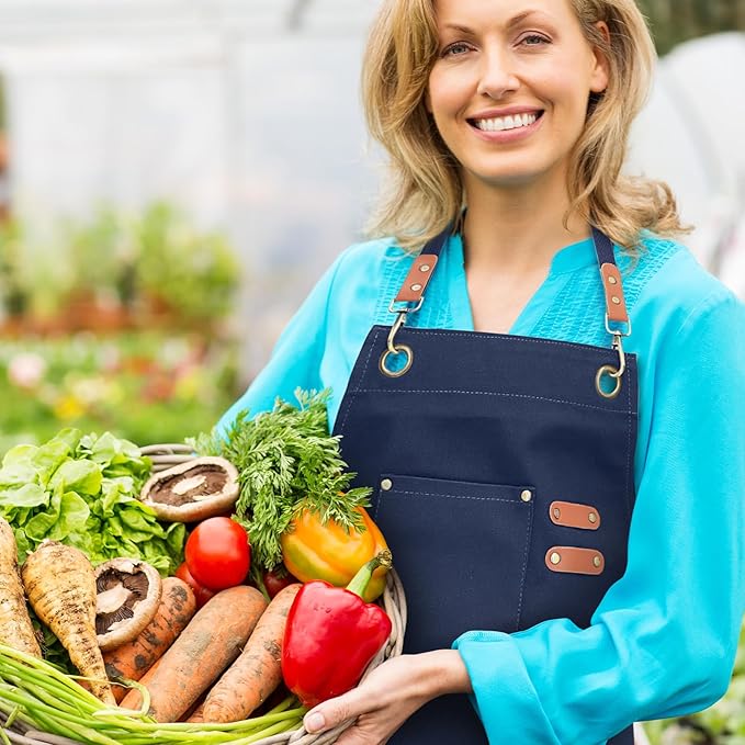 Unisex Aprons with Large Pockets,Cotton Canvas Cross Back Heavy Duty Adjustable Work Apron,Size Kids to Adult