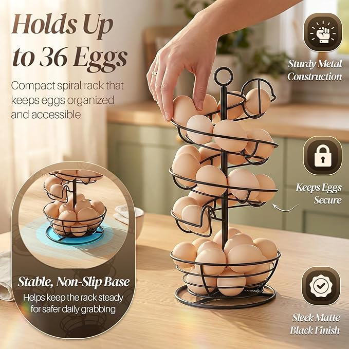 Flexzion Metal Egg Skelter Countertop Egg Holder - Sturdy Black Spiral Egg Holder with Bottom Basket and 360-Degree Rotatable Middle Pole Up to 36-Egg Capacity, Egg Storage Rack Solution