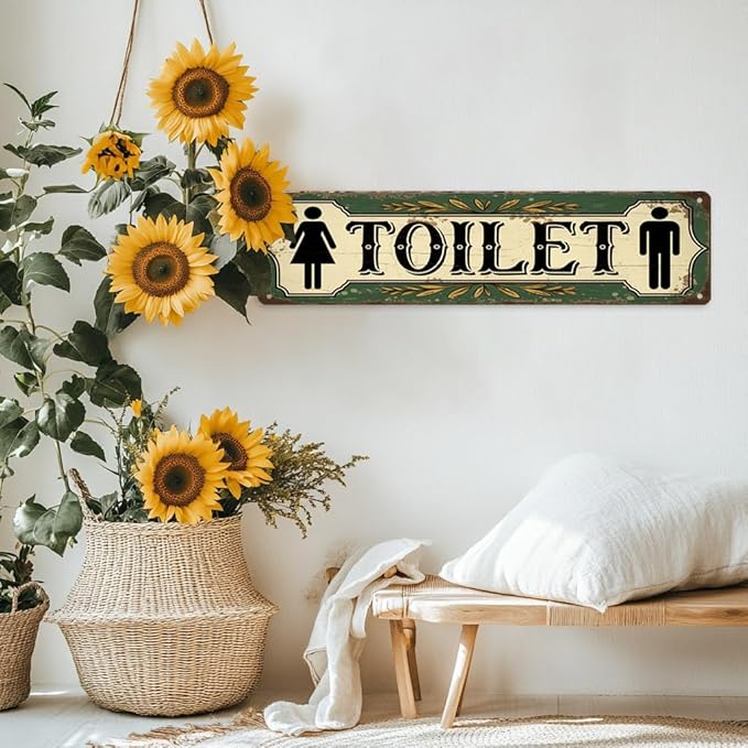 Rustic Bathroom Theme Decorative Sign - ''Toilet'' Metal Sign, 16x4 Inch - Farmhouse Art Plaque Sign For Home, Restroom, Yard, Bar or Cafe, Office Hanging Decor, Retro Room Decor