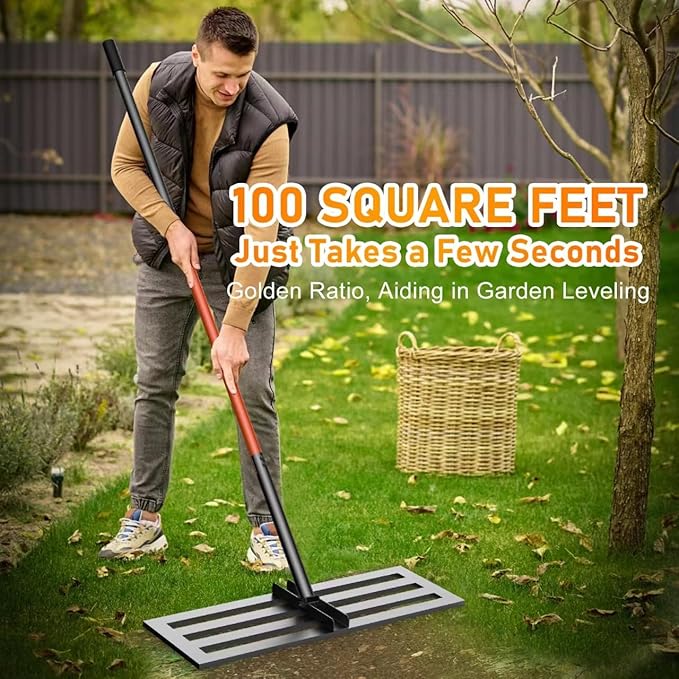 Lawn Leveling Rake, 30''x10'' Leveling Rake, 78 inch Handle Length, Stainless Steel, Adjustable Handle for Backyard, Garden, Golf Course, Farm ＆ Pasture, Professional Lawn Care Tool