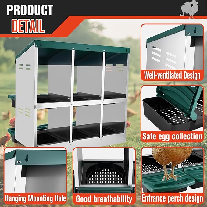 Chicken Nesting Box - 6 Hole Metal Roll Away Egg Laying Box for Hens, Heavy Duty Chicken Coop Nesting Box with Perch & Ventilation, Rust-Proof Poultry Nest (Green)