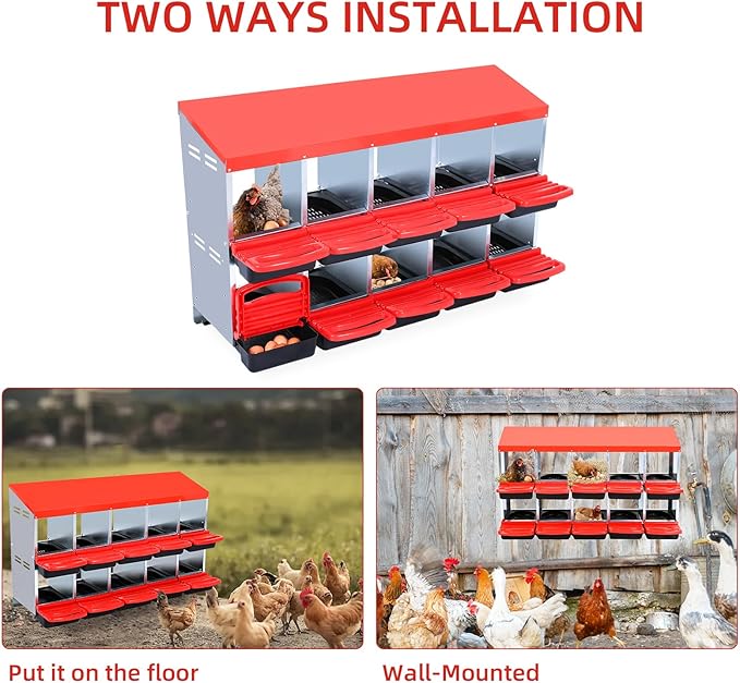 Metal Chicken Nesting Box, 10 Compartments, Unique Egg Collection Design, Red