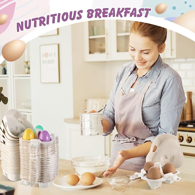 24 Pcs Easter Egg Cartons White Heart Shaped Egg Holder Natural Pulp Paper for Chicken Eggs with Macaron Color Label Ribbon for Easter Gift, Arts and Crafts Reusable Mini Egg Cartons