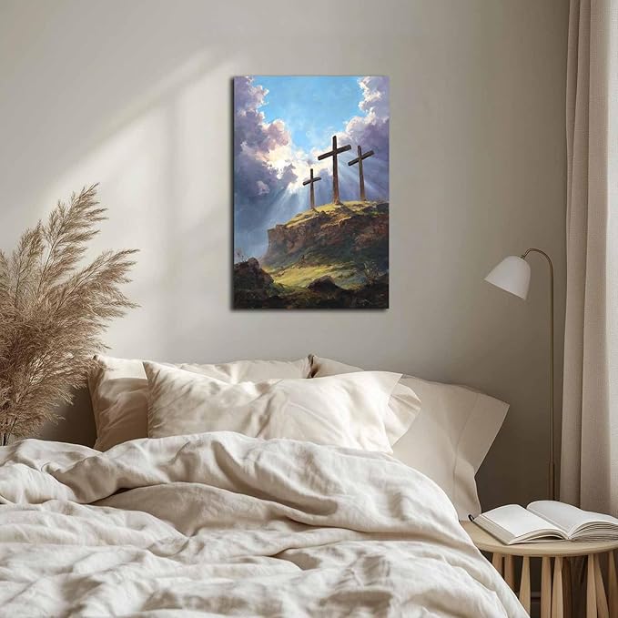 MNFGMH Easter Poster Cross Religious Spring Easter Wall Art Christian Decor Easter Canvas Picture Office Living Room Decorations Wooden Frame 20x30 inch