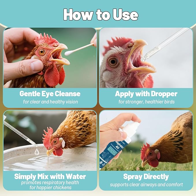 Respiratory Aid for Poultry, 4Oz Chicken Supplement, Safe for All Birds, Dropper and Spray Top Included, Drinking Water Additive, Natural Liquid Formula