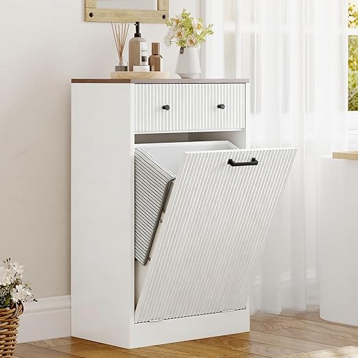 Single 10 Gallon Wood Grain Tilt-Down Trash Can Cabinet with Storage Drawer,Wood Grooved Recycling Cabinet with Wave Texture Hidden Pull-Out Trash Can for Kitchen,Bathroom (Trash Can Cabinet-White)