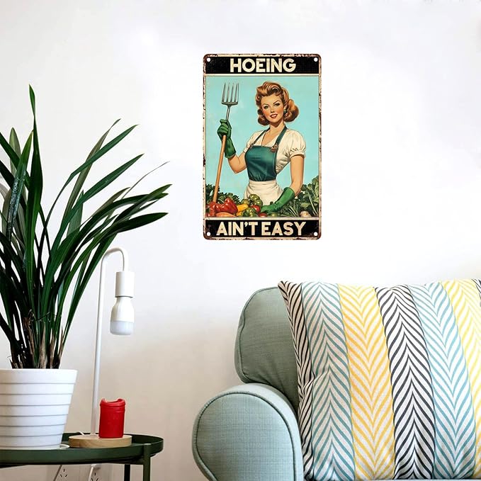 Vintage Garden Tin Signs Hoeing Ain't Easy Metal Sign Wall Decor for Garden Yard Home Kitchen Fence 12×8 Inch