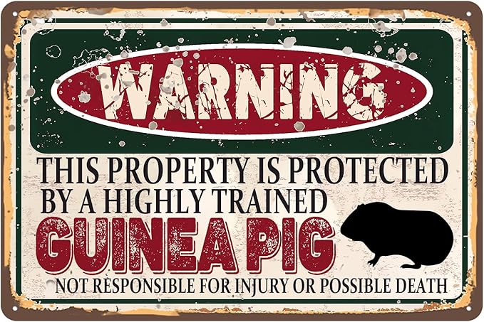 Vintage Guinea Pig Metal Sign， Warning this property is protected bY a highly trained Guinea Pig Sign Funny Tin Signs 12x8 Inch
