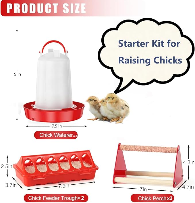 Chick Feeder and Waterer Kit, 6 Pcs Baby Chicken Supplies with Large 0.4 Gal Chick Waterer, Plastic Feeder Trough and Perch, Chicken Starter Kit for Coop and Brooder for Small Poultry Quail (Red)