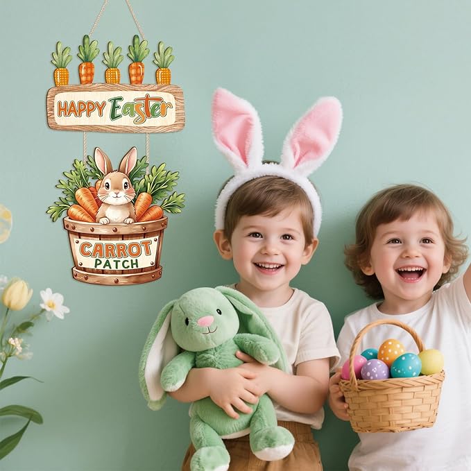 CHDITB Easter Bunny Wooden Door Hanger, Happy Easter Carrot Patch Wood Sign, Rustic Farmhouse Spring Wall Decor, Cute Rabbit Hanging Decoration, Holiday Front Porch Signs for Home Easter Party