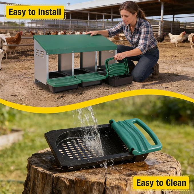 Aivituvin Chicken Nesting Box, 3 Compartments Chicken Egg Laying Box, Metal Nesting Boxes with Swing Perch for Chickens, Roll Away Egg Collection for Chicken Coop (Green)