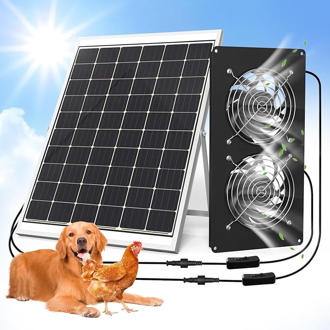 Chicken Coop Solar Powered Dual Metal Shell Fan Kit, 20W Solar Exhaust Fan IPX7 Monocrystalline Solar Panel Ventilation Air Cooling Fans for Chicken Coops, Greenhouses, Sheds, Dog Houses Plug & Play