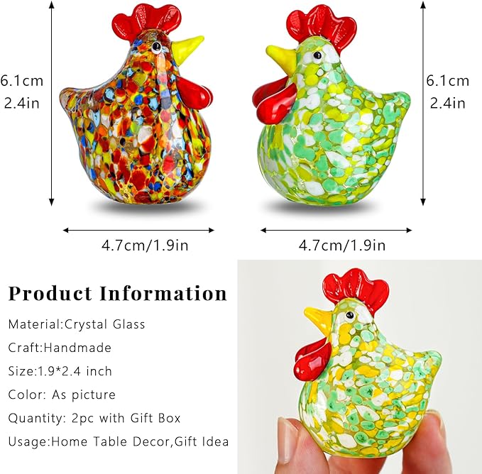 H&D HYALINE & DORA Set of 2 Mini Glass Rooster Figurines Art Blown Glass Chicken Collectible Figurine Crystal Animal Ornaments for Farm Thanksgiving Centerpiece Decor