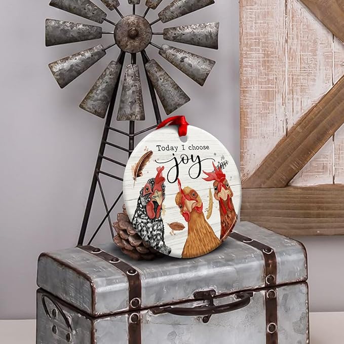 Chicken Christmas Hanging Ornaments, Rooster Gifts for Farmer, Girl, Women & Chicken Lovers, Farmhouse Christmas Decorations - 'Today I Choose Joy' Gift to Decor Chicken Coop