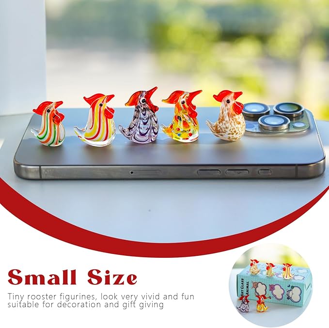 H&D HYALINE & DORA Set of 5 Blown Glass Rooster Figurines - Mini Collectible Art Glass Ornament Gift for Home Desktop Decor