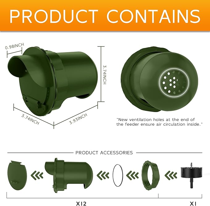 Chicken Feeder Port 12 Pack Poultry No Waste Port Kit with Stopper Lid, 1 Hole Saw, DIY Automatic Reusable Coop Feeder, Rain Proof Gravity Feeding Geese Duck Hens Rooster for Bucket Barrel Bin (Green)