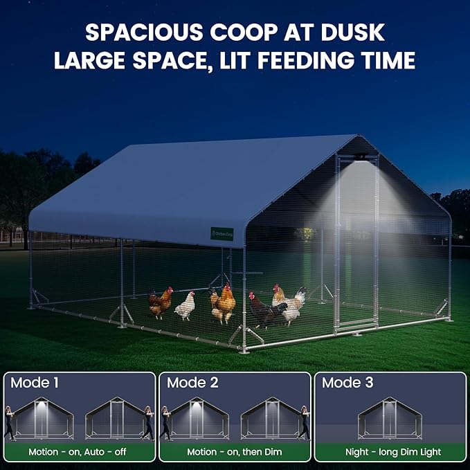 Large Walk-in Metal Chicken Coop with Chicken Run & Hardware Cloth, Solar Light, Waterproof & UV-Resistant Cover, Outdoor Poultry Cage for Farm Use,2 Room