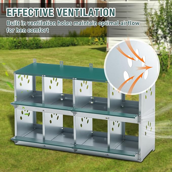 8 Compartment Metal Chicken Nesting Box, Roll Out Hen Laying Box for Easy Egg Collection, Wall Mount Poultry Nest Box for Backyard Chickens, Green, 42.72" L x 16.34" W x 26.38" H