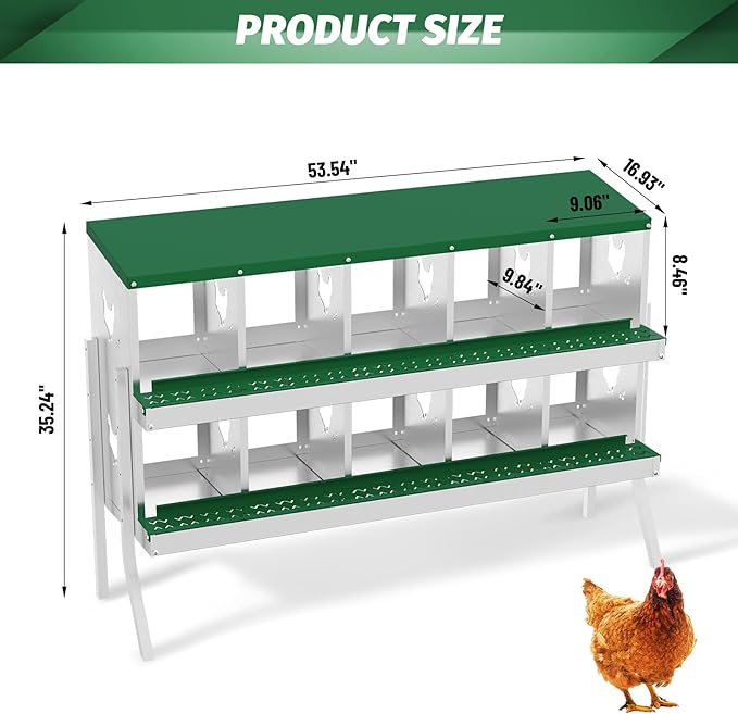 Chicken Nesting Boxes for Hens - 10 Compartments Roll Away Chicken Laying Boxes with Sturdy Metal Legs & Protective Lid Cover, Durable Galvanized Steel Construction, Easy Clean Design