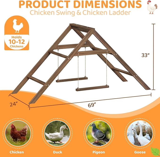 Large Chicken Perch with 2 Swings, Wood Roost Stand for 10-12 Chickens, Multi-Level Chicken Roosting Bars, Easy to Assemble Backyard Chicken Coop Accessories