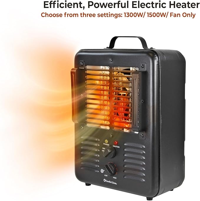 Comfort Zone 1500W Milkhouse Style Utility Space Heater – Portable Workshop & Garage Electric Heater with Adjustable Thermostat, 2 Heat Settings & Fan – All-Metal Housing & Safety Tip-Over Switch