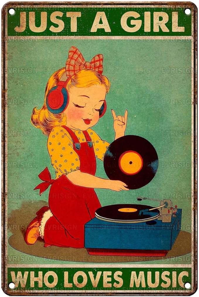 Vintage Music Tin Sign Just A Girl Who Loves Music Retro Girl Metal Poster Nostalgic Wall Decor Wall Art For Home Cafe Bar Living Room Bedroom Pub Club 12 * 8In