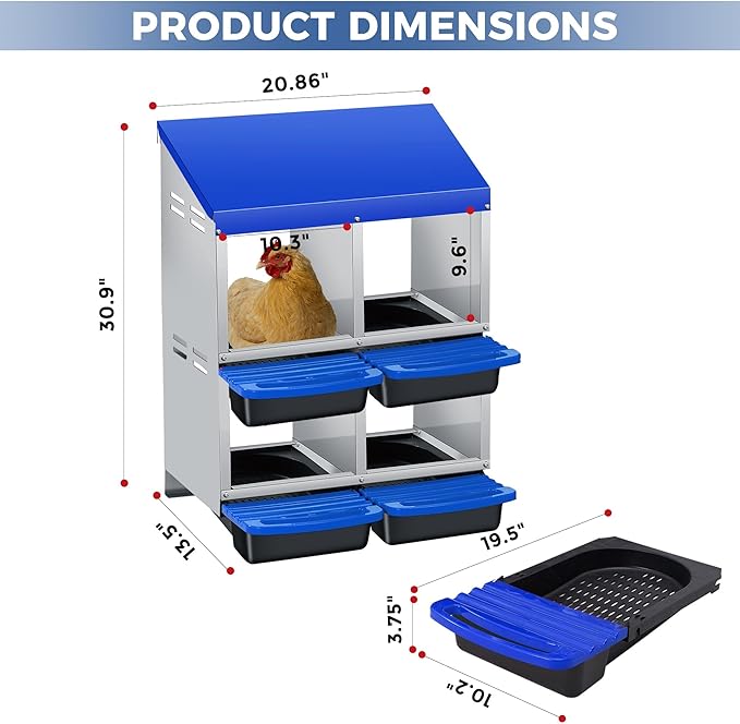 Nesting Boxes for Chickens, 4 Holes Chicken Nesting Box with Removable Tray, Easy Egg Collection, Roll Away Nesting Box for Hens, Chicken Coop, Double Layer, Blue