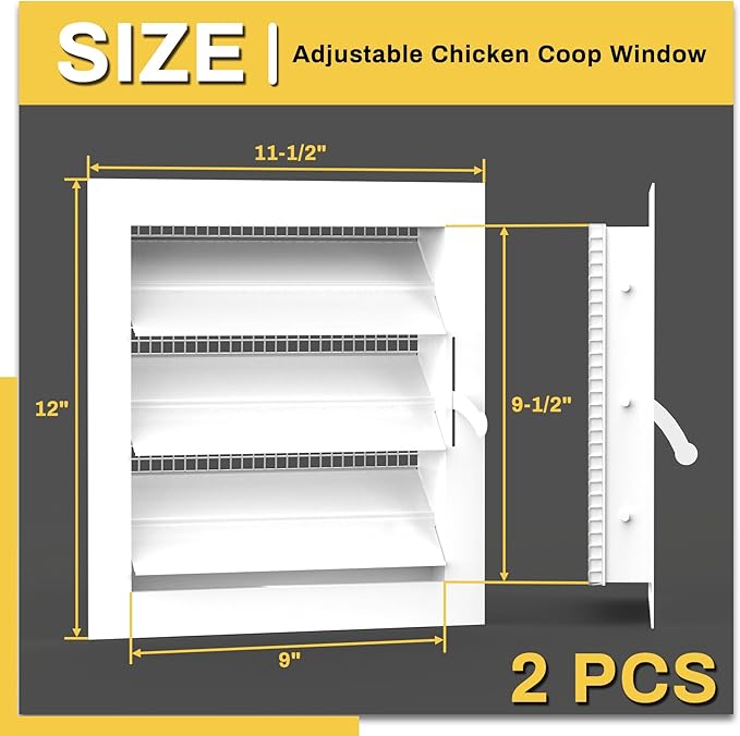 2 Pack Air Vent Louver for Chicken Coop, 12" x 12" Adjustable Chicken Coop Window with Screen Mesh, Metal Louvered Exhaust Grille for Ventilation of Poultry Habitat, Shed, Attic