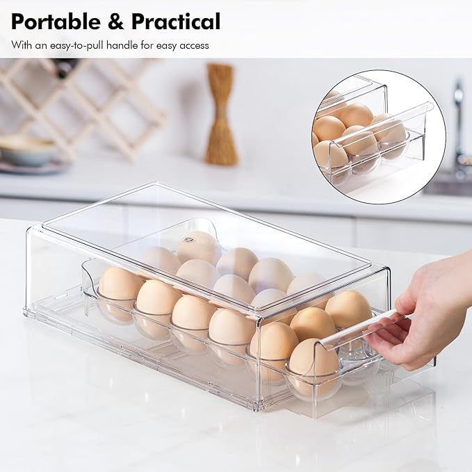 Egg Container for Refrigerator, Stackable Egg Holder, Drawer Type Egg Organizer Holds 18 Eggs – Transparent