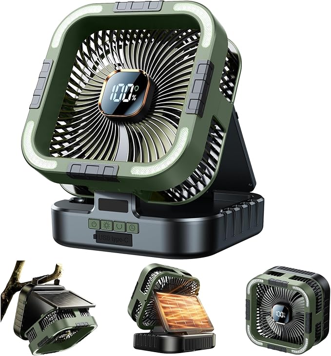 Solar Camping Fan with Light-10000mAh Rechargeable Portable, 6 Speeds, Digital Display, Timer, 120° Oscillation, Cordless Battery Powered Fan for Home Outdoor Tent Travel BBQ Fishing (Green)