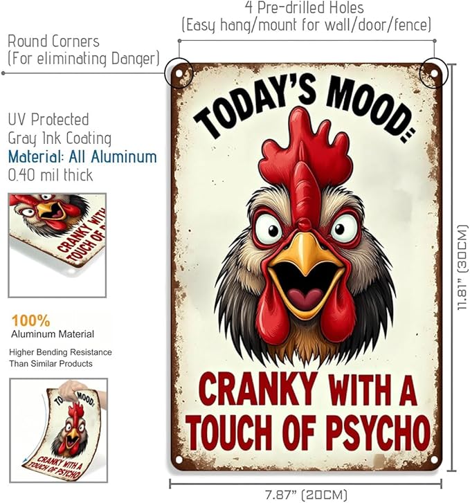 FunnySign Rooster Décor Today's Mood: Cranky With A Touch Of Psycho Rustic Tin Sign For Home Farm Chicken Coop Decor 8x12 Inch (9712)