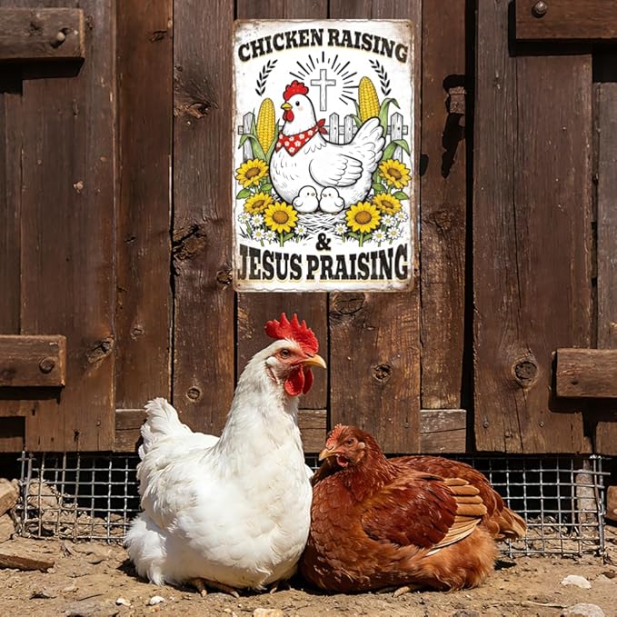 WADORN Funny Chickens Metal Tin Sign, 8x12 Inch Chicken Raising Jesus Praising Retro Tin Sign Rustic Farmhouse Wall Art Decor Plaque Gift for Home Farm Chicken-Coop Yard Farmhouse Kitchen Garden