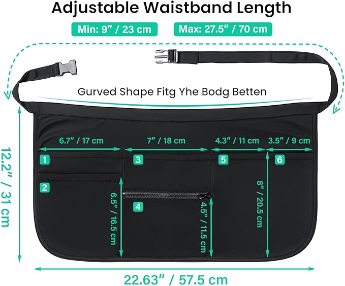 6-Pocket Cleaning Apron with Buckle, Splash-Proof Cleaning Caddy Apron, Adjustable Waist Belt with Zipper, Soft Heavy Sateen Housekeeper Aprons, Half Aprons for Housekeeping Work Supplies - Black
