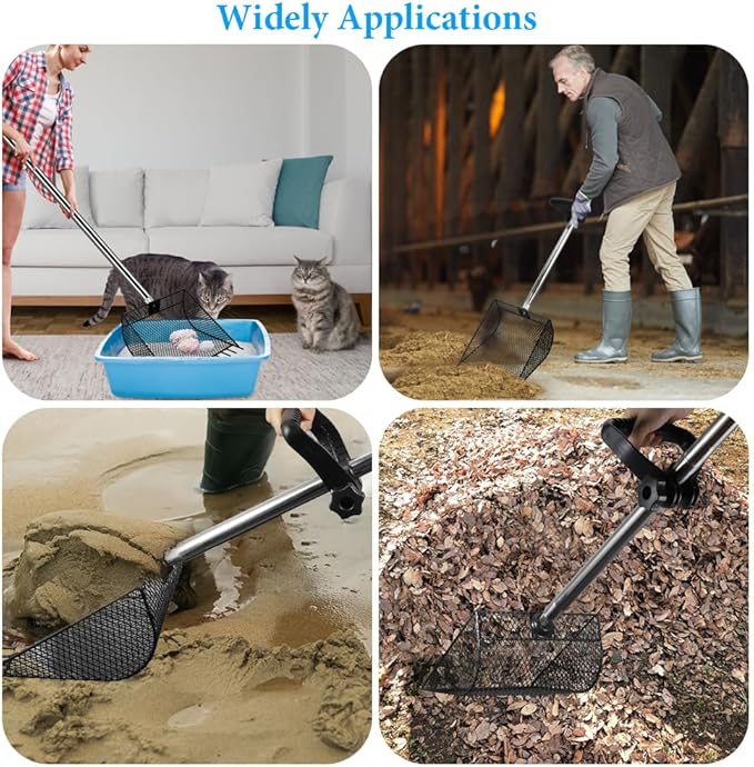 Kaleky 2-in-1 Heavy Duty Chicken Coop Rake and Scooper, 15 Inch Metal Chicken Cleaning Shovel with Adjustable Stainless Steel Handle (25 to 73 Inch) for Sand, Coops, Litter Cleaning (Black)