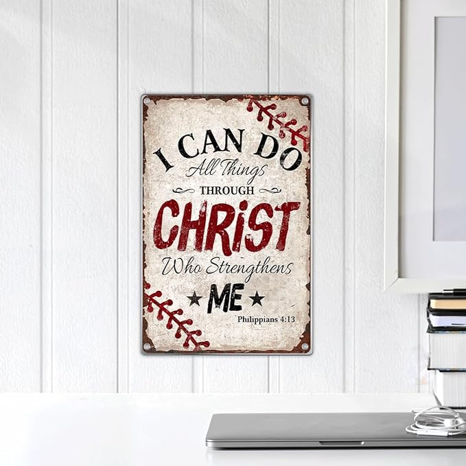 Bible Verse Wall Decor Philippians 413 Baseball Christian Metal Sign Religious Home Faith Inspirational Art Boys Room Bedroom Sports 8 x 12 Inch Kitchen Indoor Outdoor