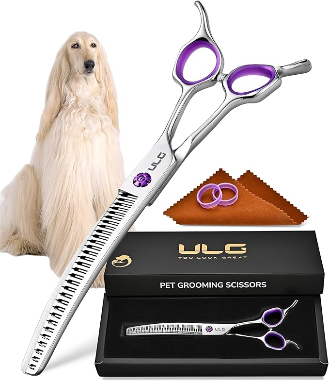 ULG 7.5” Dog Grooming Chunker Shears – 30° Curved Pet Grooming Scissors, Japanese 440C Stainless Steel, 30 Comb & Chunker Teeth, 60% Thinning Rate, Reversible Butterfly Handles for Face, Nose & Body