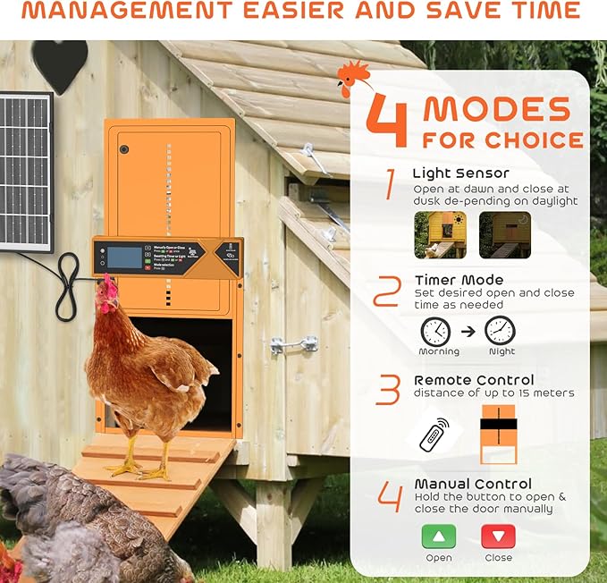 Large Automatic Chicken Coop Door, 4000mAh High Capacity Chicken Coop Door 7W Solar Powered with Timer & Light Sensor, Anti-Pinch Auto-Aluminum Chicken Door with Wire Clip & Remote Control-Orange