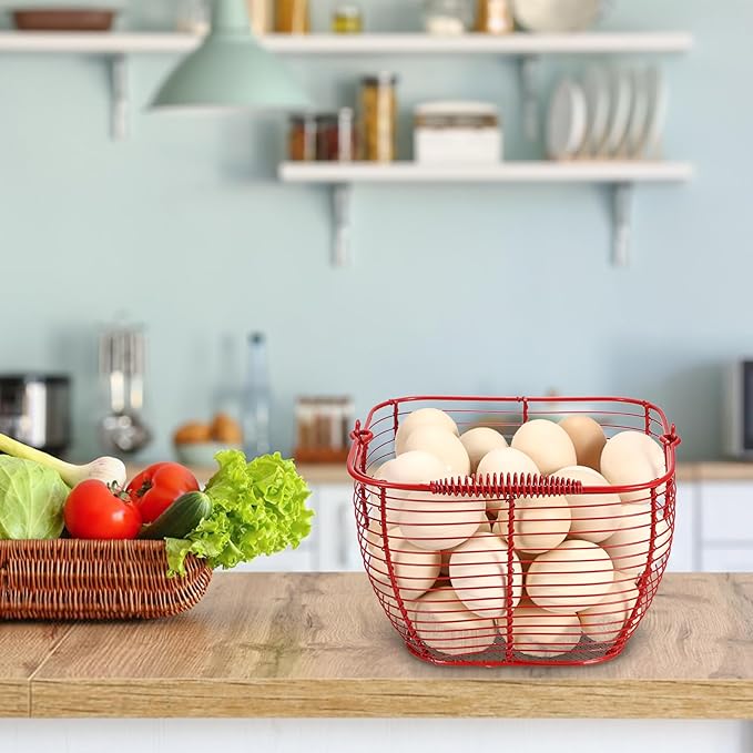 2 PCS 7" Red Square Wire Egg Baskets for Fresh Egg With Handle, Small Metal Collecting Basket for Gathering Fresh Eggs, Chicken and Duck Eggs Hunting Basket Egg Holder Countertop