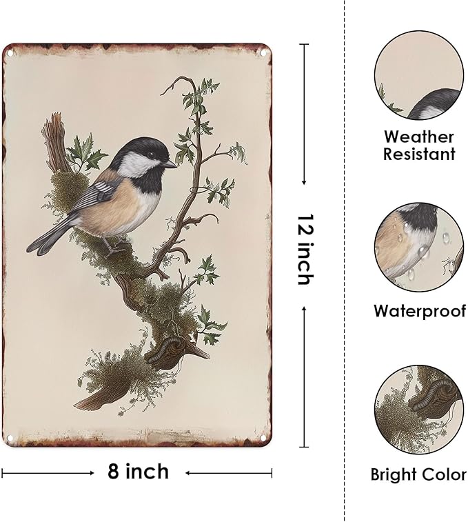 Sanwarm Metal Sign 8X12 Inch, Chickadee Bird Chickadee Retro Wildlife Vintage Tin Sign Wall Art Decor for Home, Living Room, Kitchen, Garden, Bedroom, Office, Hotel, Cafe And Pub Decoration
