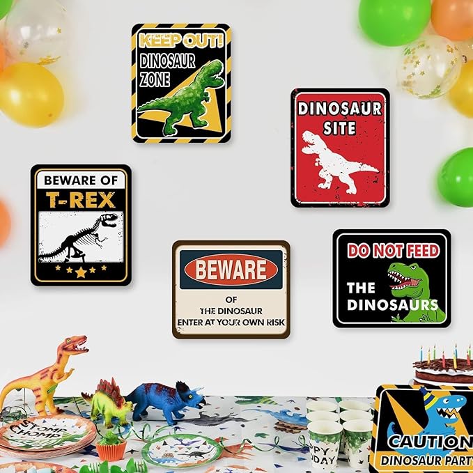 WERNNSAI Dinosaur Birthday Decorations - 12 PCS Dinosaur Party Supplies for Boys Kids Dino Birthday Funny Sign Decor for Jurassic Theme Baby Shower Holiday Party Favors Caution T-Rex Sign Wall Decor