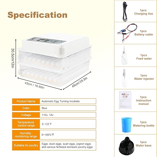 120 Egg Incubator Automatic Turning LED Display Temperature Humidity Control Built-in Candler External Water Fill Duals Power 110V/12V for Hatching Chicken Duck Quail Goose Eggs