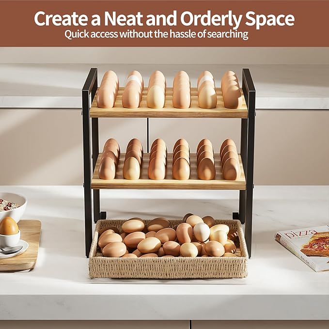 Nuovoware 3-Tier Egg Holder Countertop with Basket for 48+60 Eggs, Wooden Egg Basket with Carry Handle Gathering 100+ Fresh Quail, Duck, Turkey, Chicken Eggs, Kitchen Storage Home Farmhouse Decor