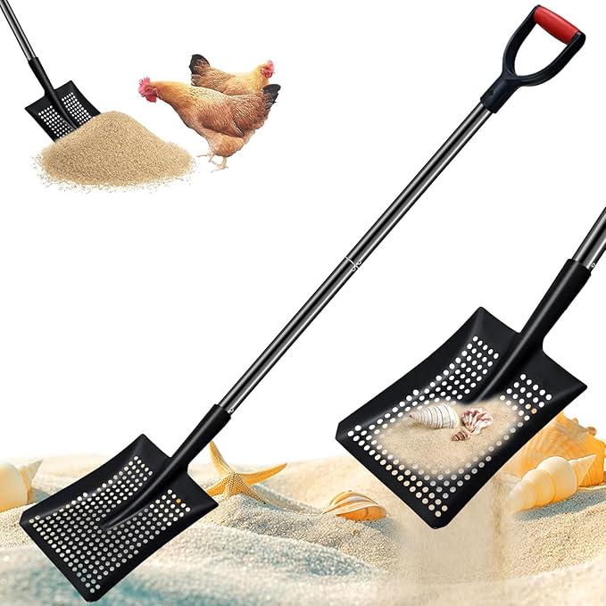 Sifting Shovel, Heavy Duty Metal Sand Sifter for The Beach, 53.5" Long Sand Sifter Shovel for Beach Fun, Chicken Coop, Farm Goat Stall Sand Poop Cleaning, with Ergonomic D-Grip Handle (Black)
