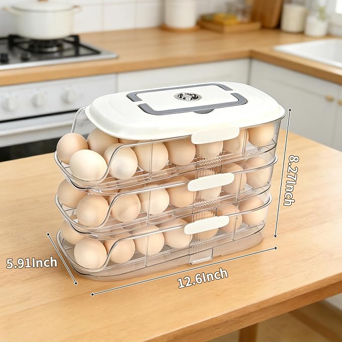 Egg Dispenser for Refrigerator, 3-Layer Clear Plastic Egg Holder Adopt Transparent PET Material & Hidden Handle Design – Egg Organizer for Refrigerator with Cover Lock Buckle (Capacity of 42 Eggs)