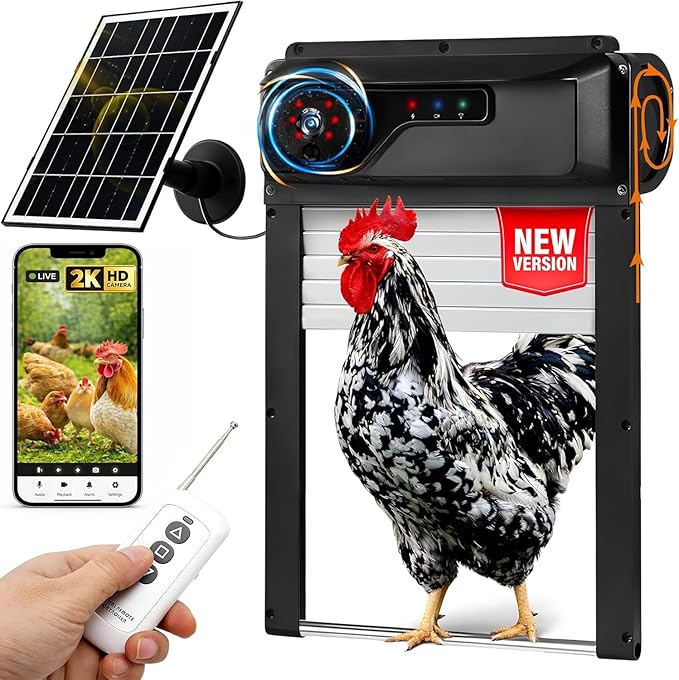 Waterproof Automatic Chicken Coop Door with Camera, Remote - Solar Chicken Coop Door Battery Powered with Night Vision Motion Sensor - Predator Protected Safety Mechanism Automatic Gate Opener