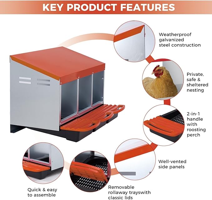Garvee Chicken Nesting Boxes, 3 Hole Roll-Away Nesting Boxes for Chickens Coop with Perch, Hens, Ducks & Other Poultry,Egg Laying Box with Lid Cover to Protect Eggs,Easy to Assemble