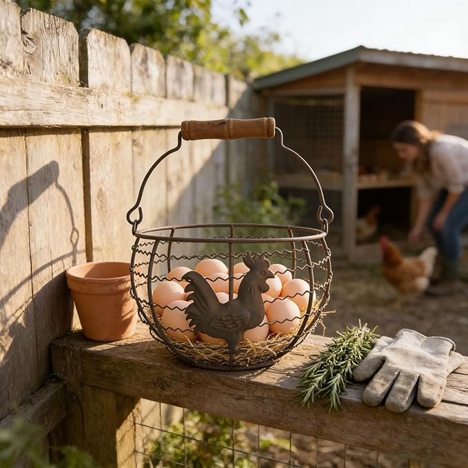Wire Egg Basket for Gathering Fresh Eggs Collecting Basket With Handle,Rusty Chicken Decorated Small Chicken Egg Basket Vintage Style Eggs Holder Basket Countertop for Farmhouse Kitchen Decor