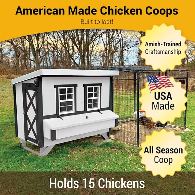OverEZ Farmhouse Large Chicken Coop for Up to 15 Chickens - Nesting Box - Large Bird, Poultry and Hen House Made from Wood, Made in USA