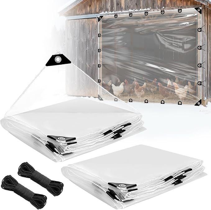 8x10ft Anti-Tear Clear Tarp Waterproof - 2pcs Windproof Poly Tarpaulin, Heavy Duty Transparent Enclosure with Grommets for Covering Chicken Coops Greenhouse Garden Plants